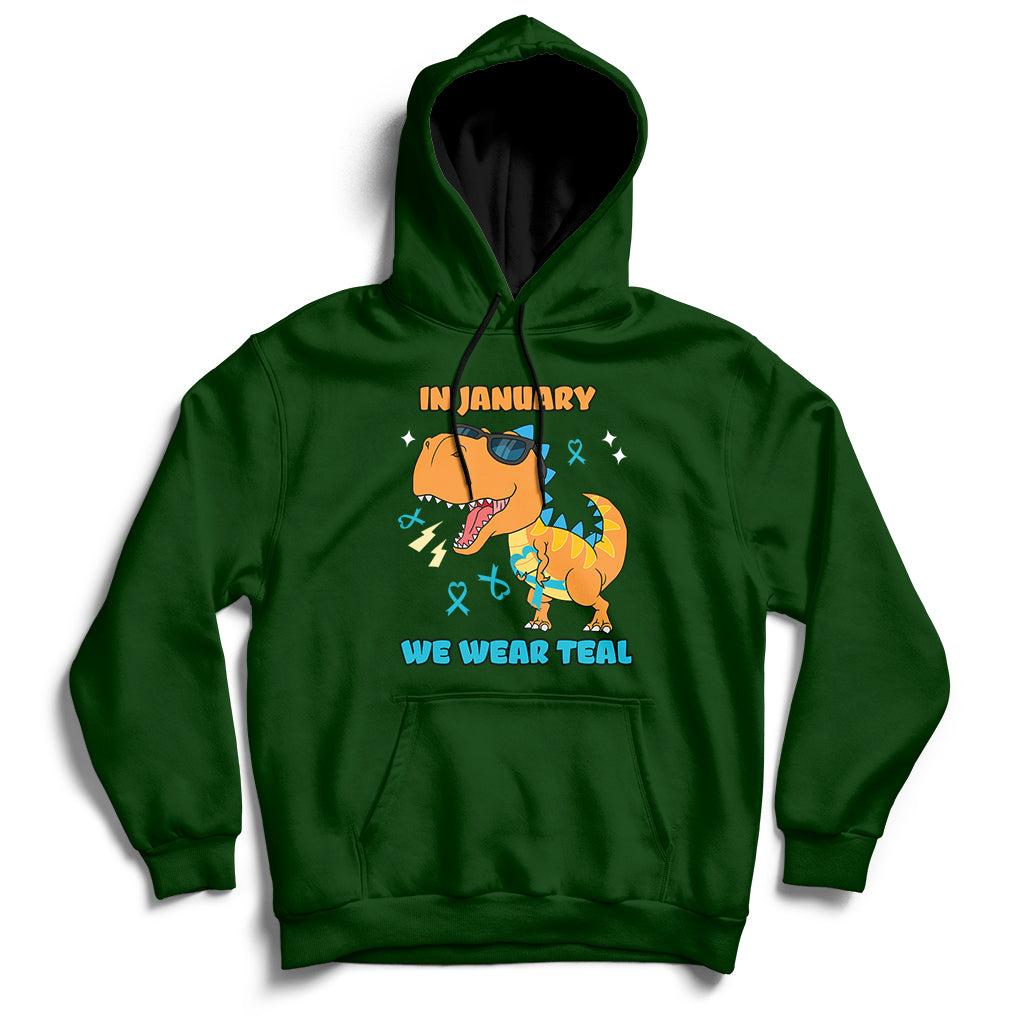 Forest green hoodie with front kangaroo pocket, hood, and chest “IN JANUARY” graphic