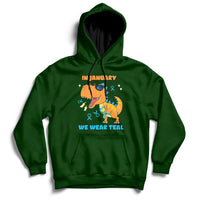 Forest green hoodie with front kangaroo pocket, hood, and chest “IN JANUARY” graphic