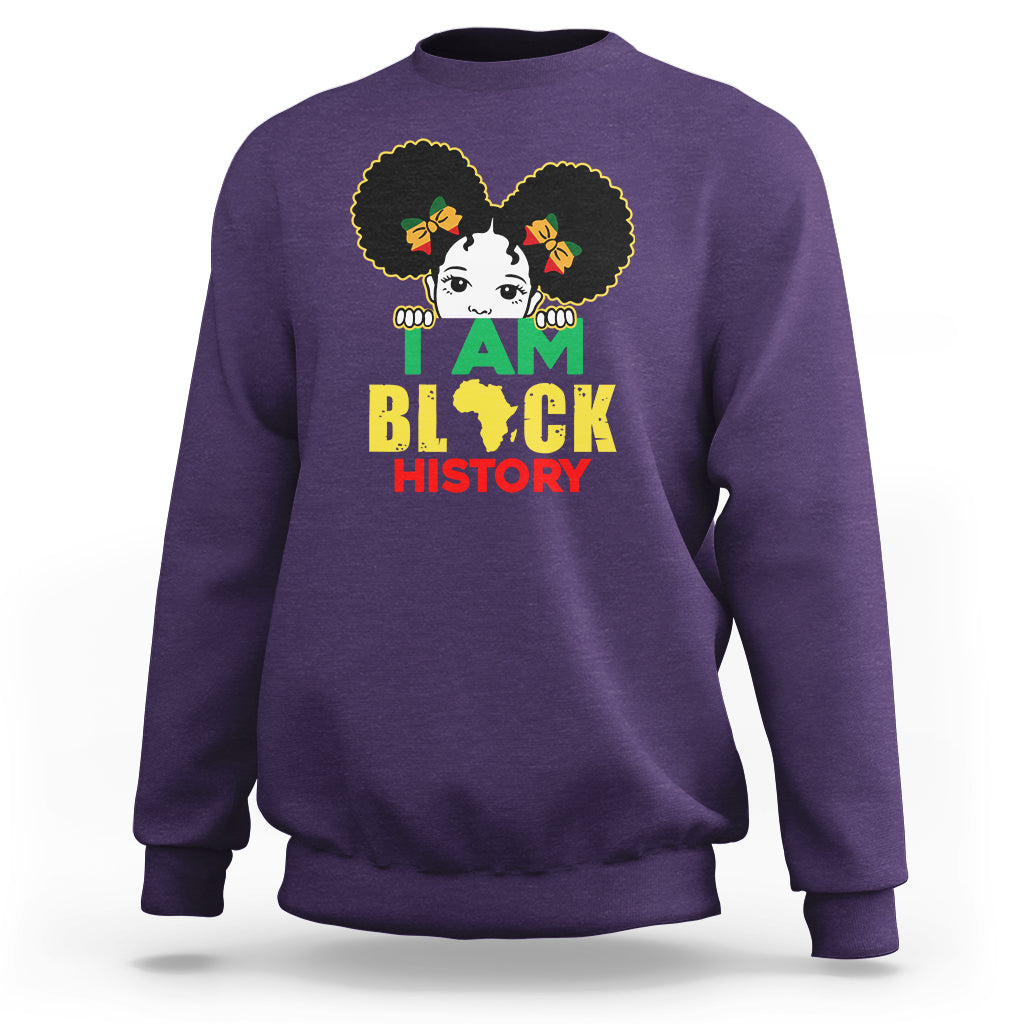 Kids' purple sweatshirt with front graphic of girl and text “I AM BLACK HISTORY”