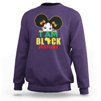 Kids' purple sweatshirt with front graphic of girl and text “I AM BLACK HISTORY”