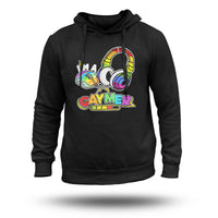 Black hoodie with rainbow headphones graphic and GAYMER logo on chest