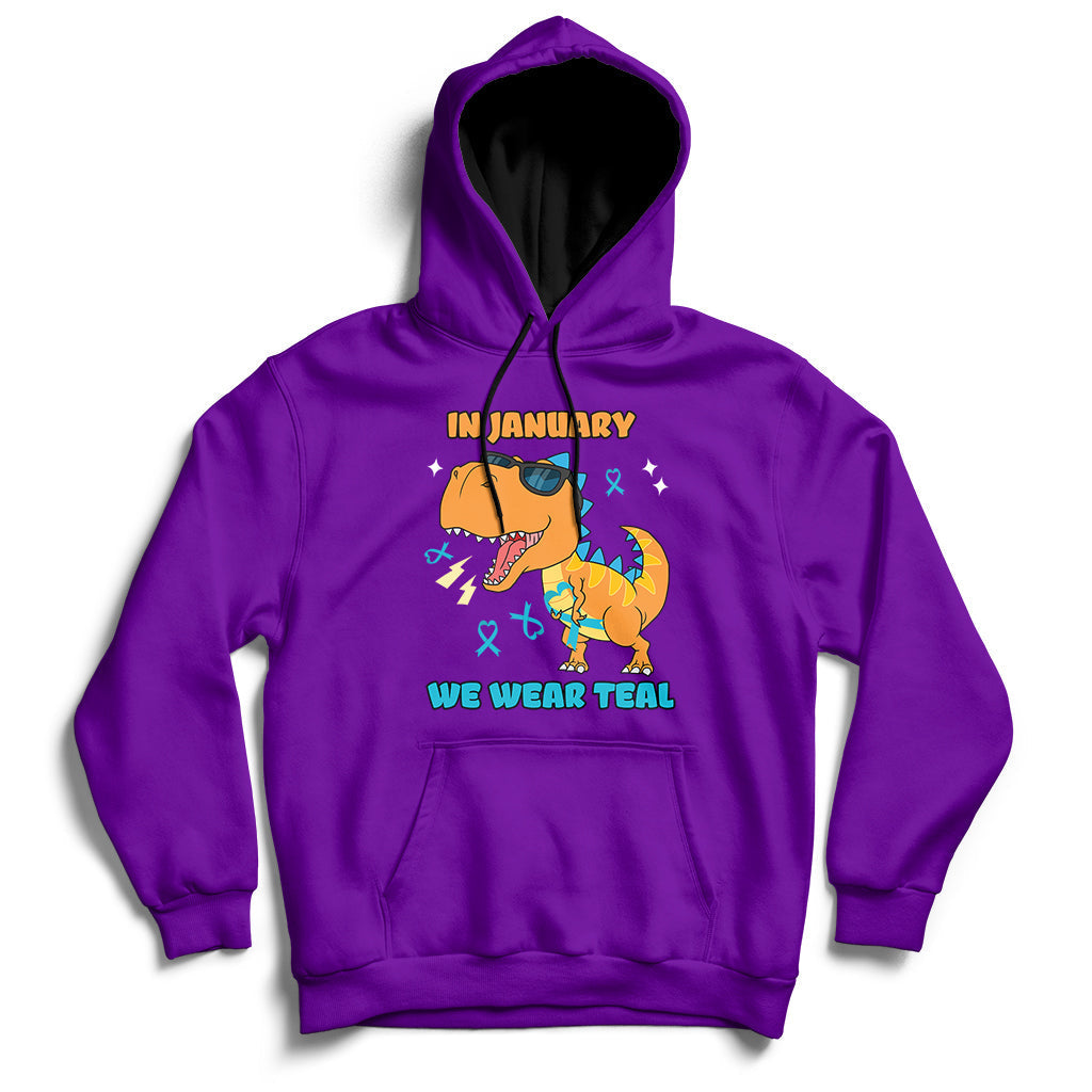 Purple hoodie with kangaroo pocket, hood, and chest “IN JANUARY” “WE WEAR TEAL” graphic