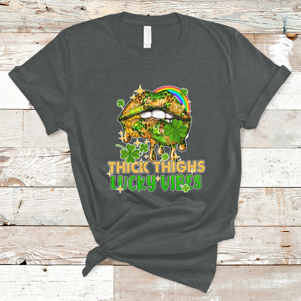 Thick Thighs Lucky Vibes Funny St Patrick's Day Leopard Lips T-Shirt - Wonder Print Shop