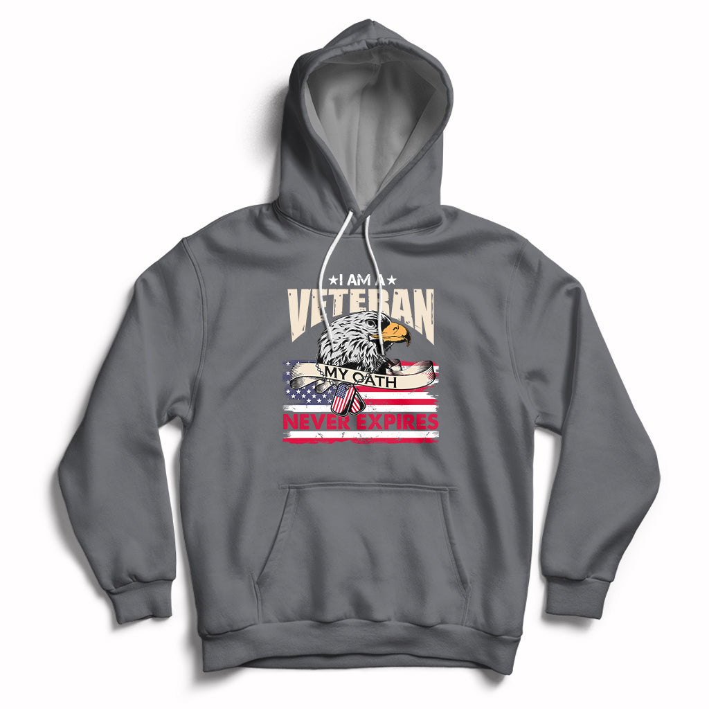 Charcoal pullover hoodie with front pocket and patriotic veteran graphic, hood with white drawstrings.