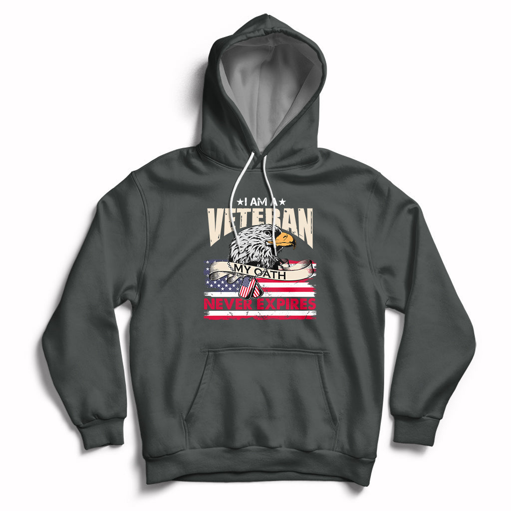 Dark gray pullover hoodie with front pocket and patriotic veteran graphic, hood with white drawstrings.