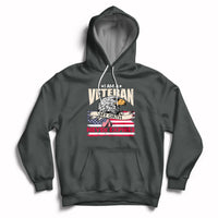 Dark gray pullover hoodie with front pocket and patriotic veteran graphic, hood with white drawstrings.