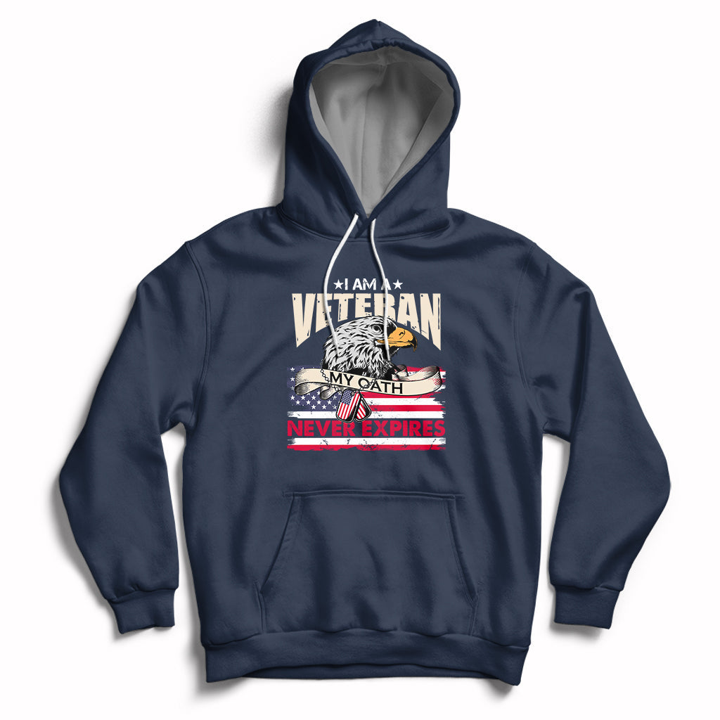Navy pullover hoodie with front pocket and patriotic veteran graphic, hood with white drawstrings.