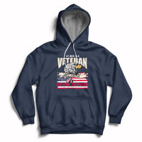 Navy pullover hoodie with front pocket and patriotic veteran graphic, hood with white drawstrings.