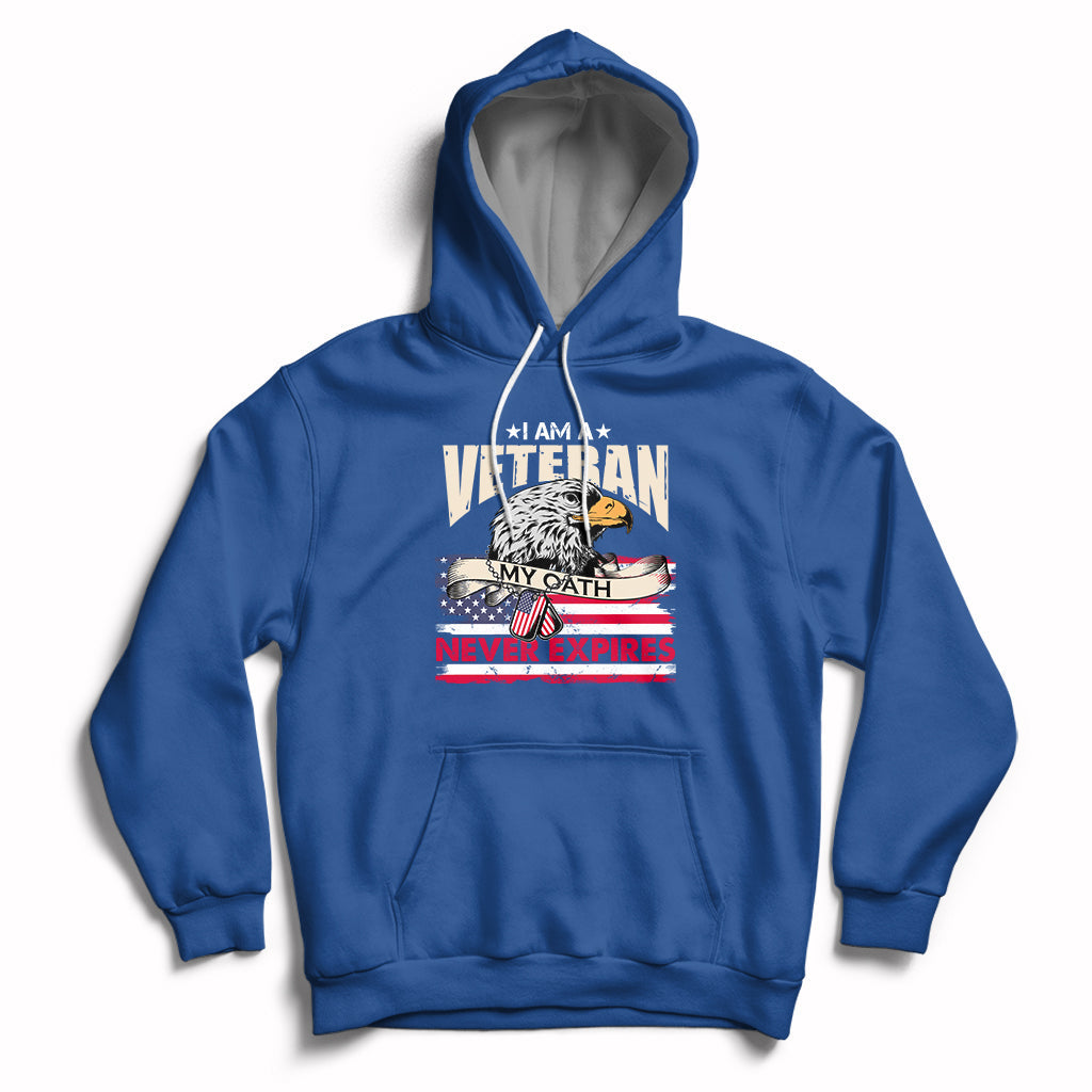 Royal blue pullover hoodie with front pocket and patriotic veteran graphic, hood with white drawstrings.