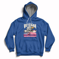 Royal blue pullover hoodie with front pocket and patriotic veteran graphic, hood with white drawstrings.