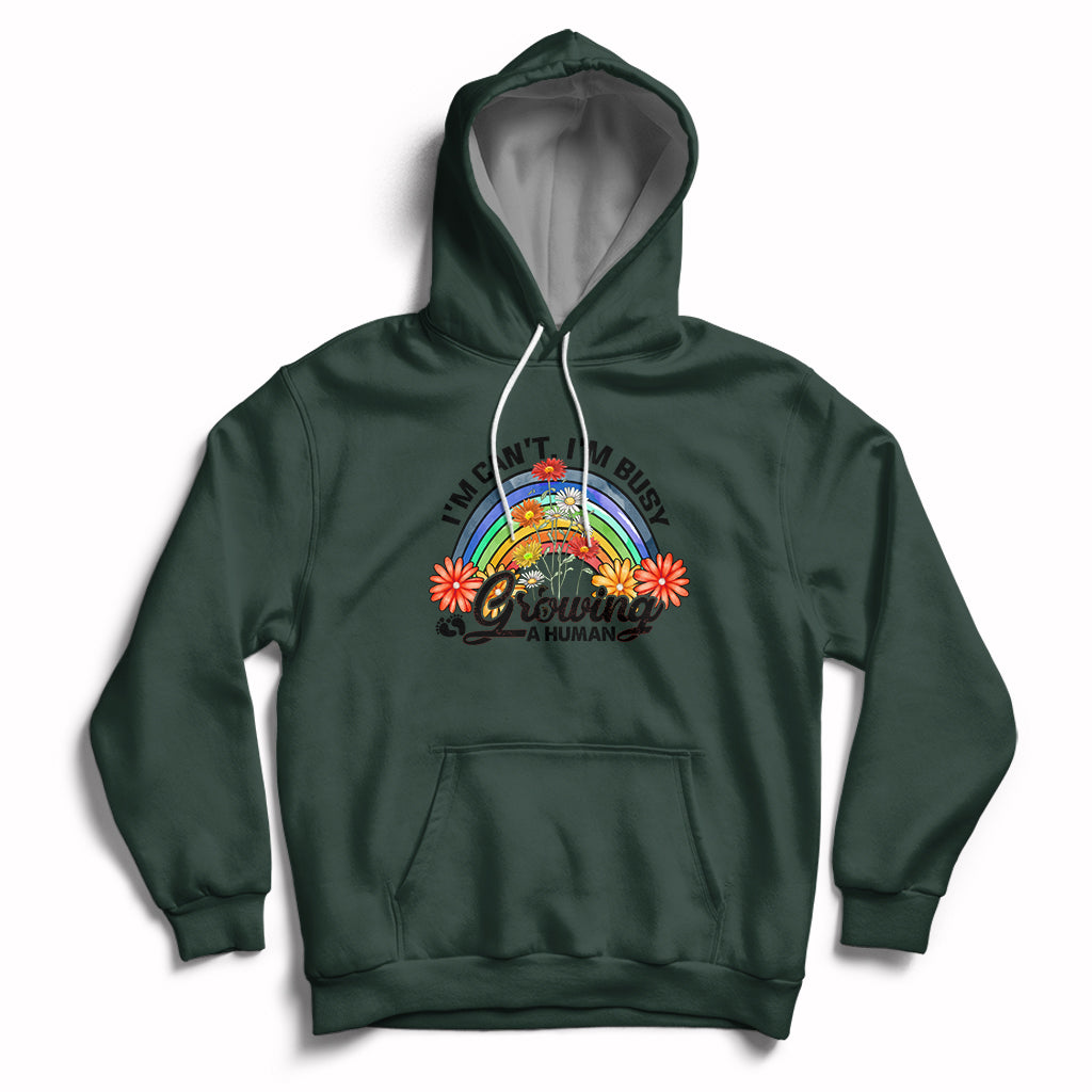 Forest green pullover hoodie with hood, kangaroo pocket, and rainbow graphic front.