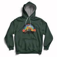 Forest green pullover hoodie with hood, kangaroo pocket, and rainbow graphic front.