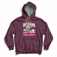 Maroon pullover hoodie with front pocket and patriotic veteran graphic, hood with white drawstrings.