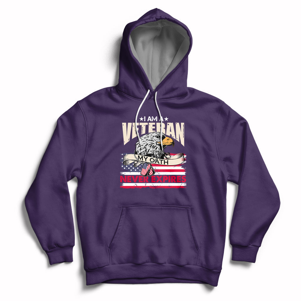Purple pullover hoodie with front pocket and patriotic veteran graphic, hood with white drawstrings.