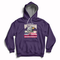 Purple pullover hoodie with front pocket and patriotic veteran graphic, hood with white drawstrings.