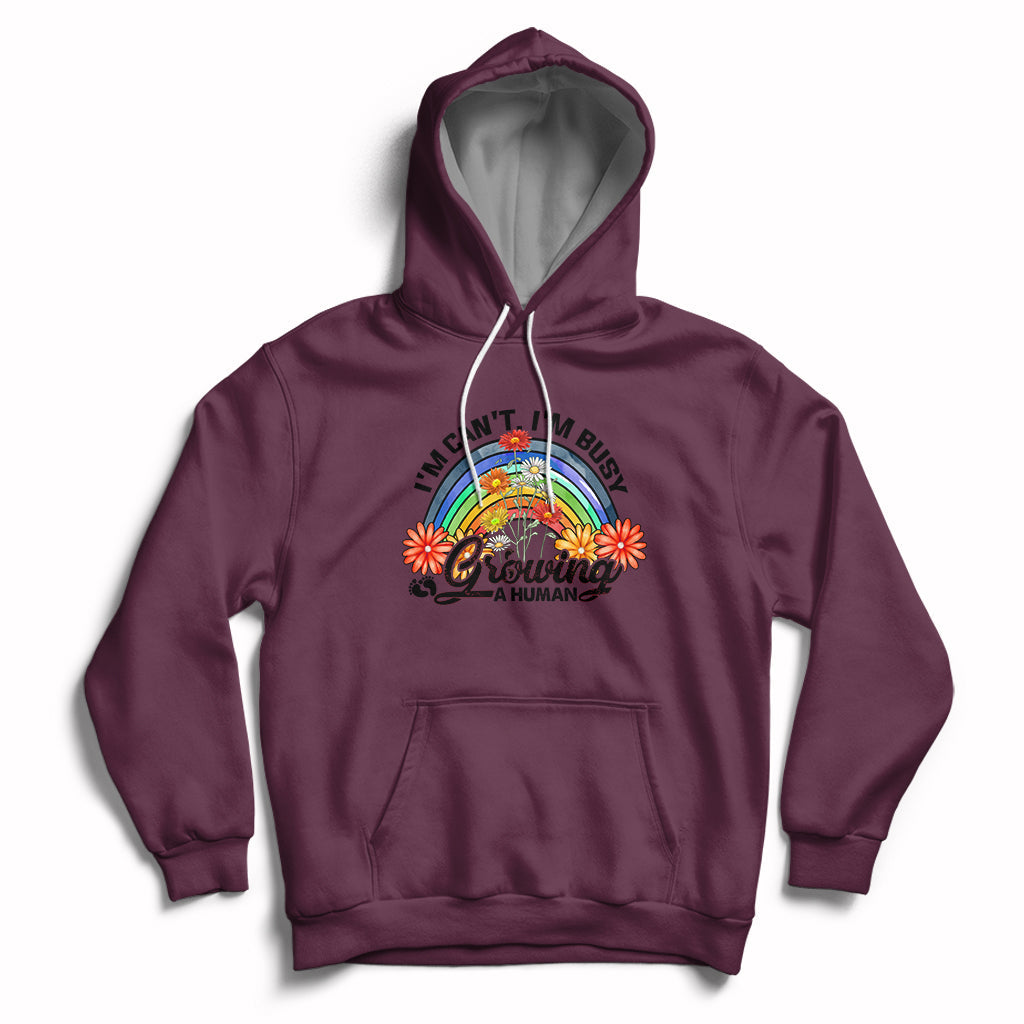 Maroon pullover hoodie with hood, kangaroo pocket, and rainbow graphic front.