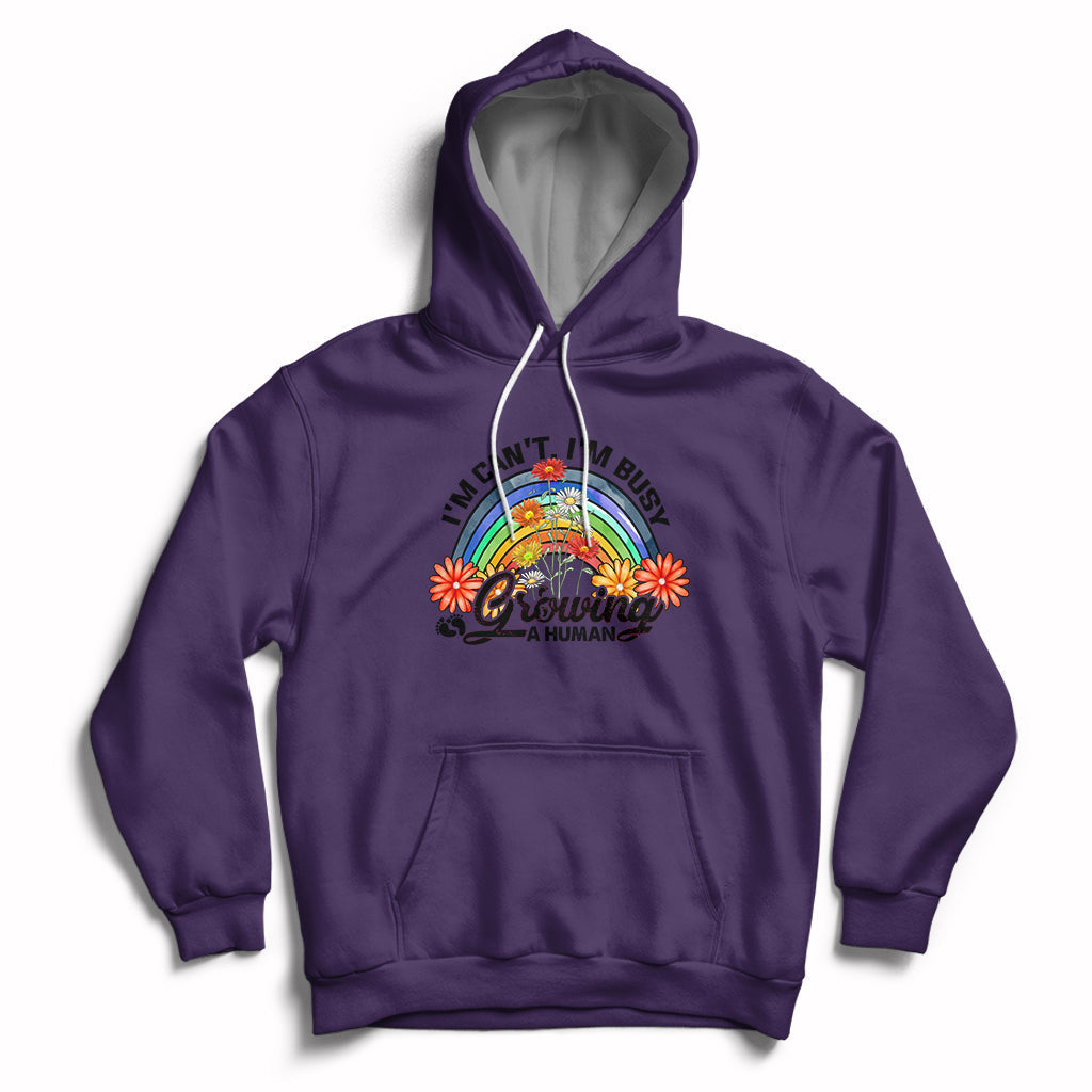 Purple pullover hoodie with hood, kangaroo pocket, and rainbow graphic front.