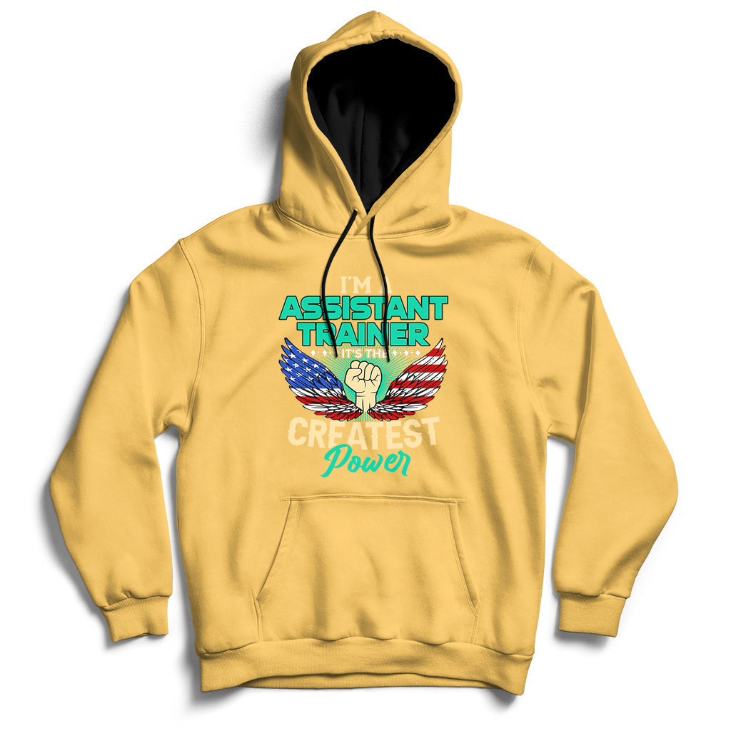 Yellow pullover hoodie with front text graphic and kangaroo pocket, ribbed cuffs