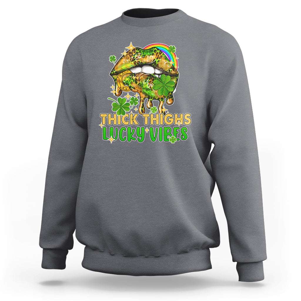 Thick Thighs Lucky Vibes Funny St Patrick's Day Leopard Lips Sweatshirt - Wonder Print Shop
