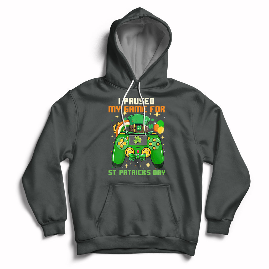 Dark heather pullover hoodie with hood and front pocket, St. Patrick's Day gaming graphic
