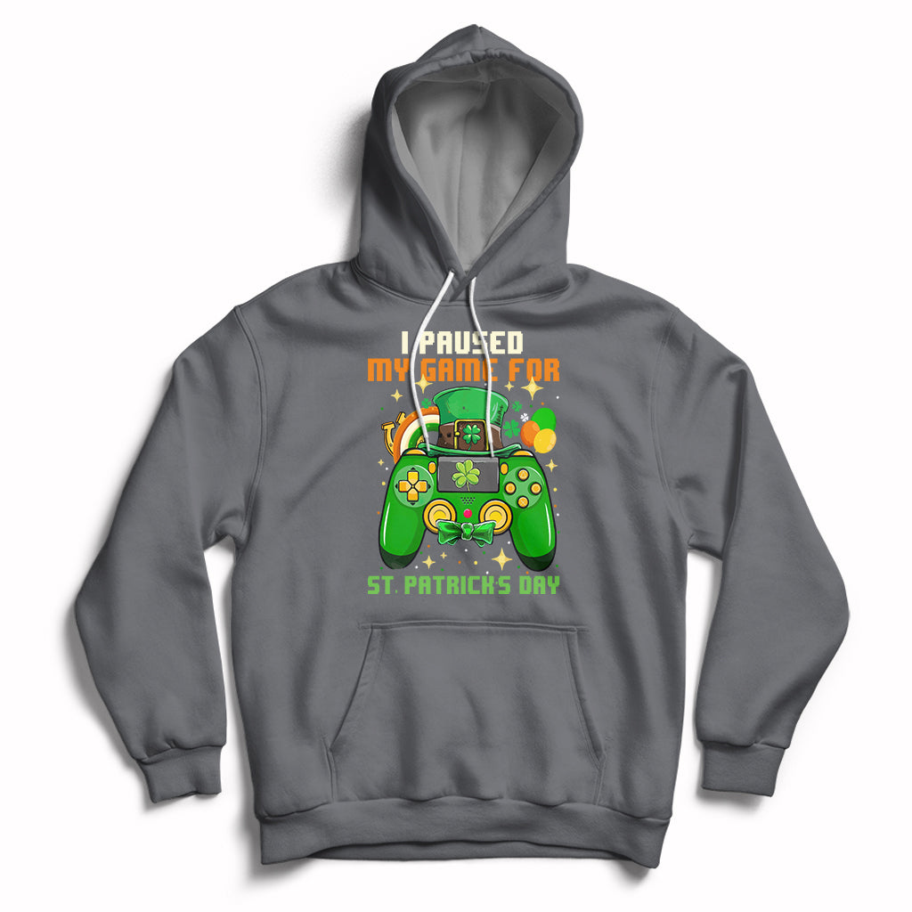 Charcoal pullover hoodie with hood and front pocket, St. Patrick's Day gaming graphic