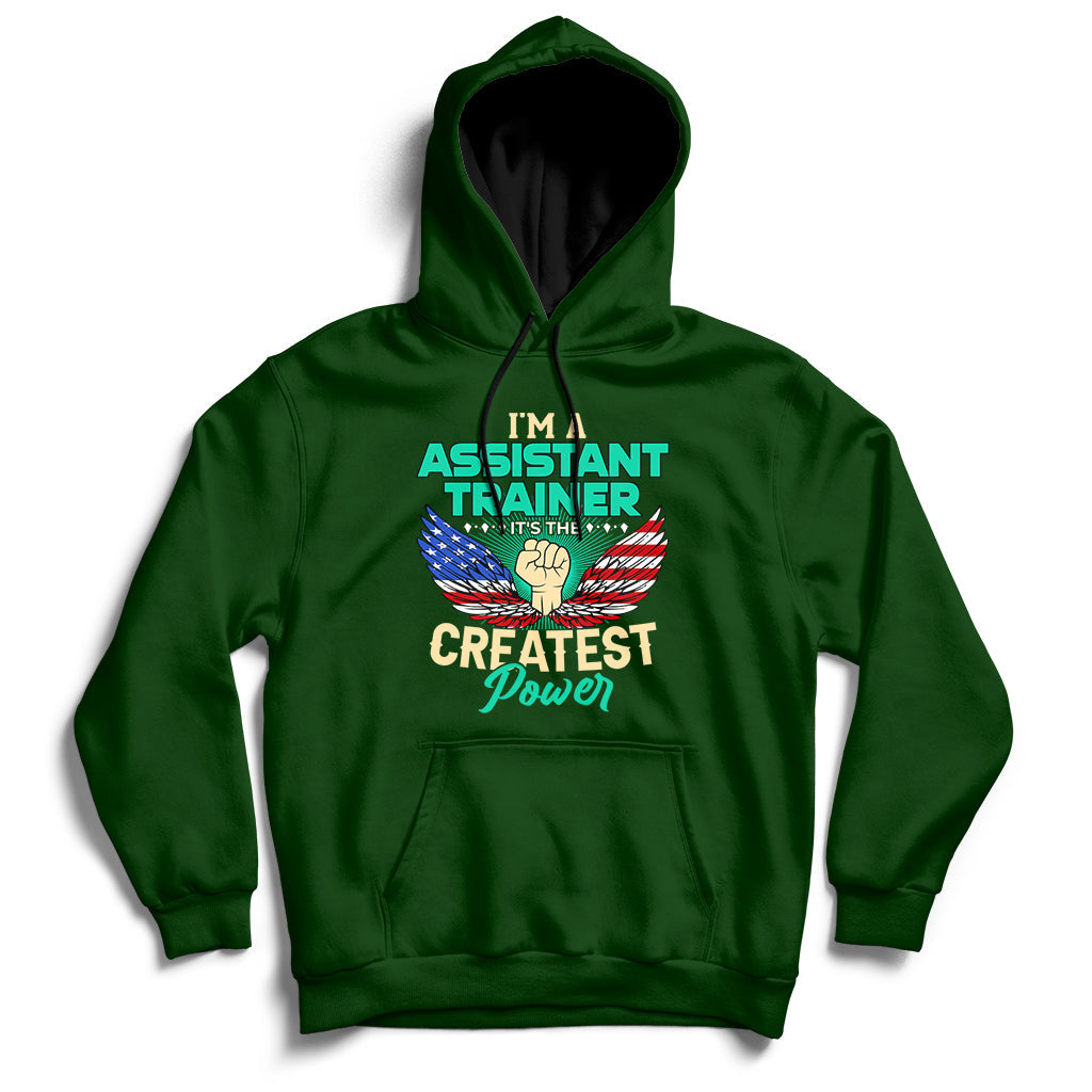 Forest green pullover hoodie with front text graphic and kangaroo pocket, ribbed cuffs