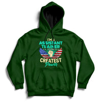Forest green pullover hoodie with front text graphic and kangaroo pocket, ribbed cuffs