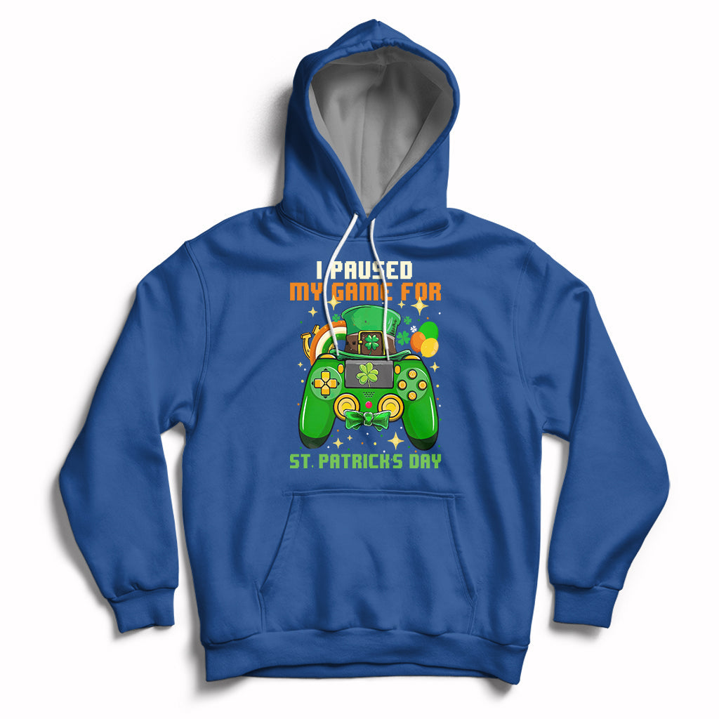 Royal blue pullover hoodie with hood and front pocket, gaming graphic for St. Patrick's Day