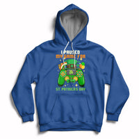Royal blue pullover hoodie with hood and front pocket, gaming graphic for St. Patrick's Day