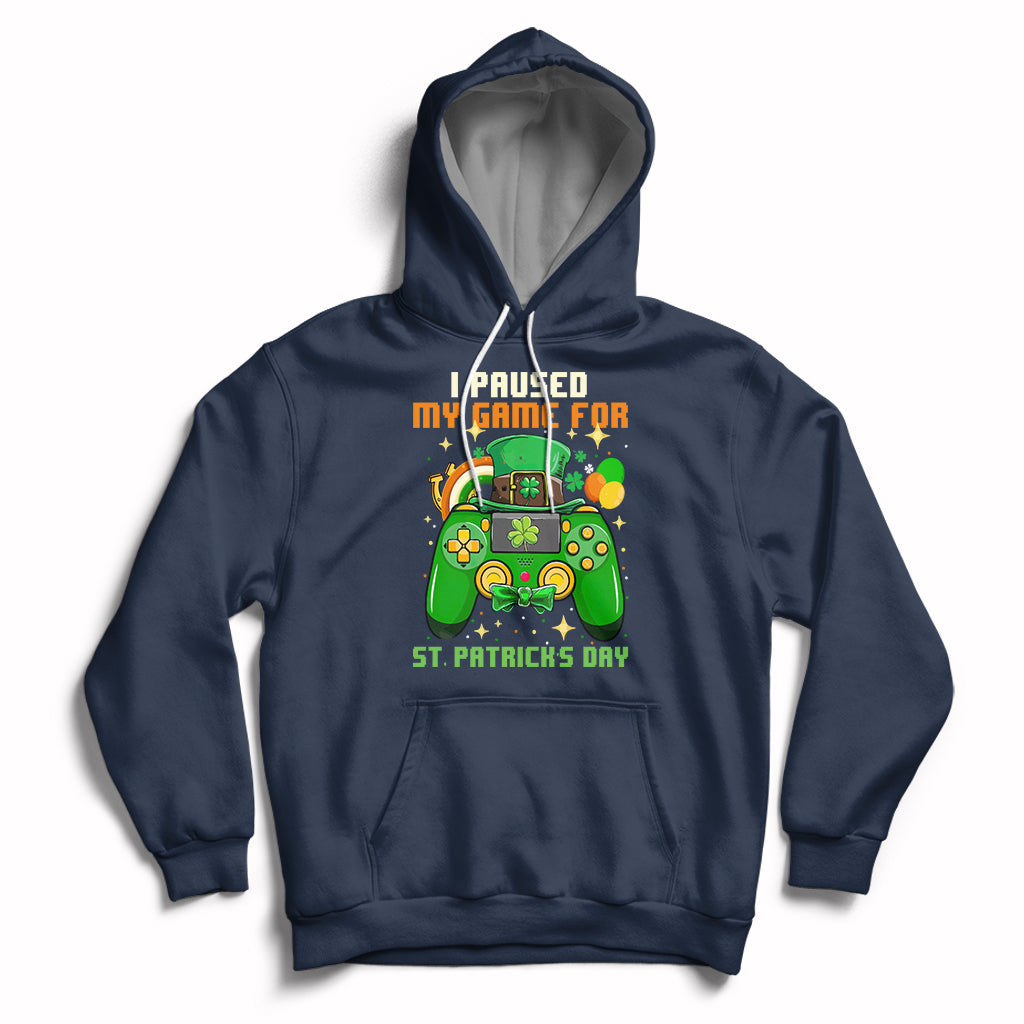 Navy pullover hoodie with hood and front pocket, St. Patrick's Day gaming graphic
