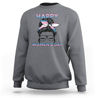 Light gray women's sweatshirt with 'HAPPY WOMEN'S DAY' graphic and hair bow