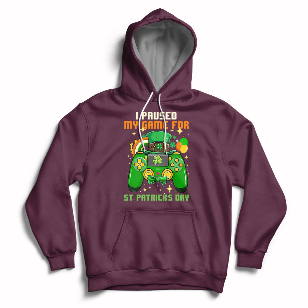 Maroon pullover hoodie with hood and front pocket, St. Patrick's Day gaming graphic