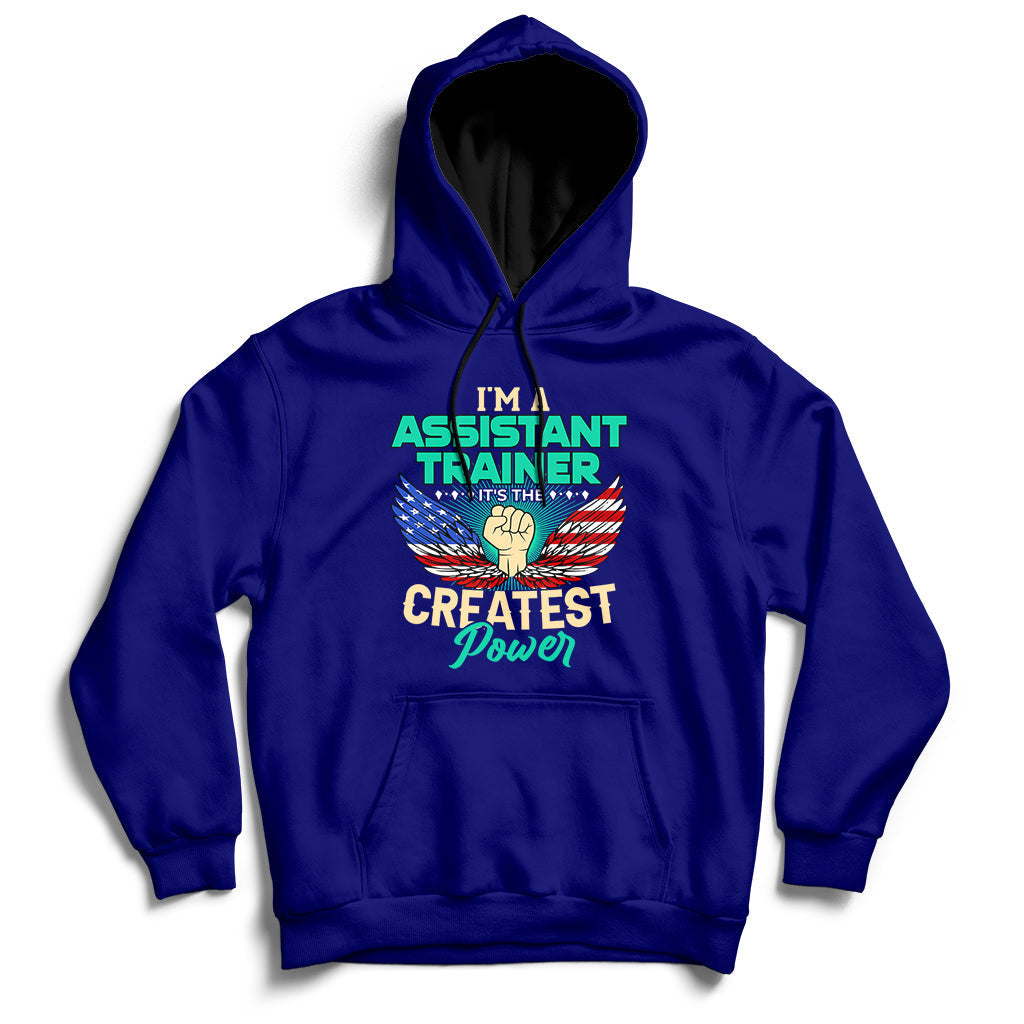 Navy pullover hoodie with front text graphic and kangaroo pocket, ribbed cuffs