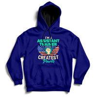 Navy pullover hoodie with front text graphic and kangaroo pocket, ribbed cuffs