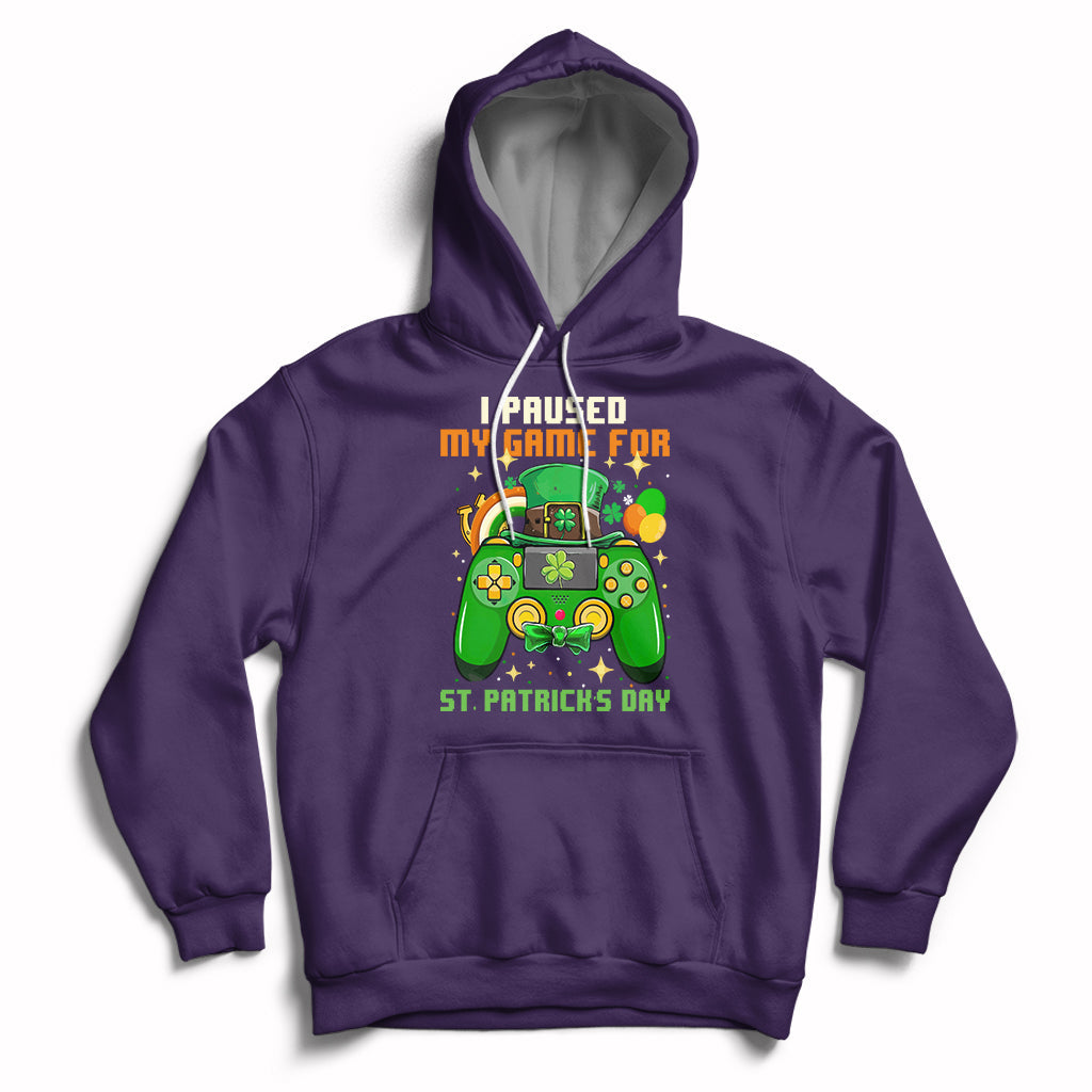 Purple pullover hoodie with hood and front pocket, gaming graphic for St. Patrick's Day