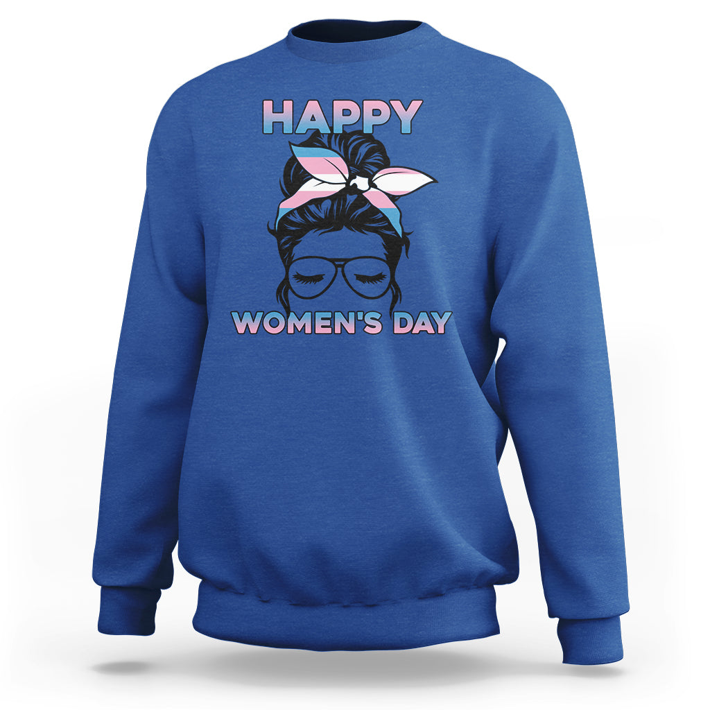 Royal blue women's sweatshirt with 'HAPPY WOMEN'S DAY' graphic and hair bow