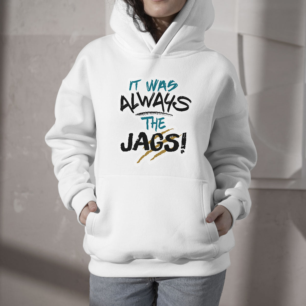 White pullover hoodie with front graphic text and kangaroo pocket