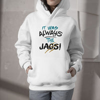 White pullover hoodie with front graphic text and kangaroo pocket