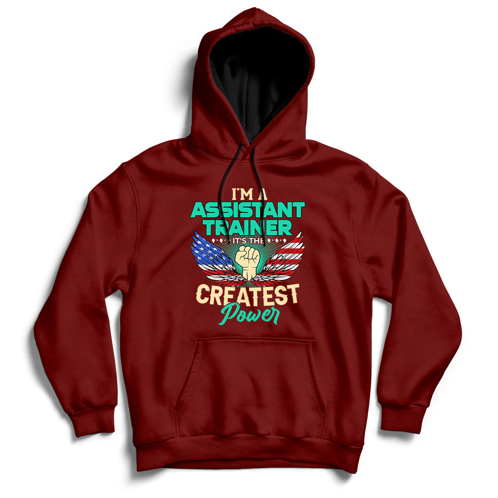 Maroon pullover hoodie with front text graphic and kangaroo pocket, ribbed cuffs