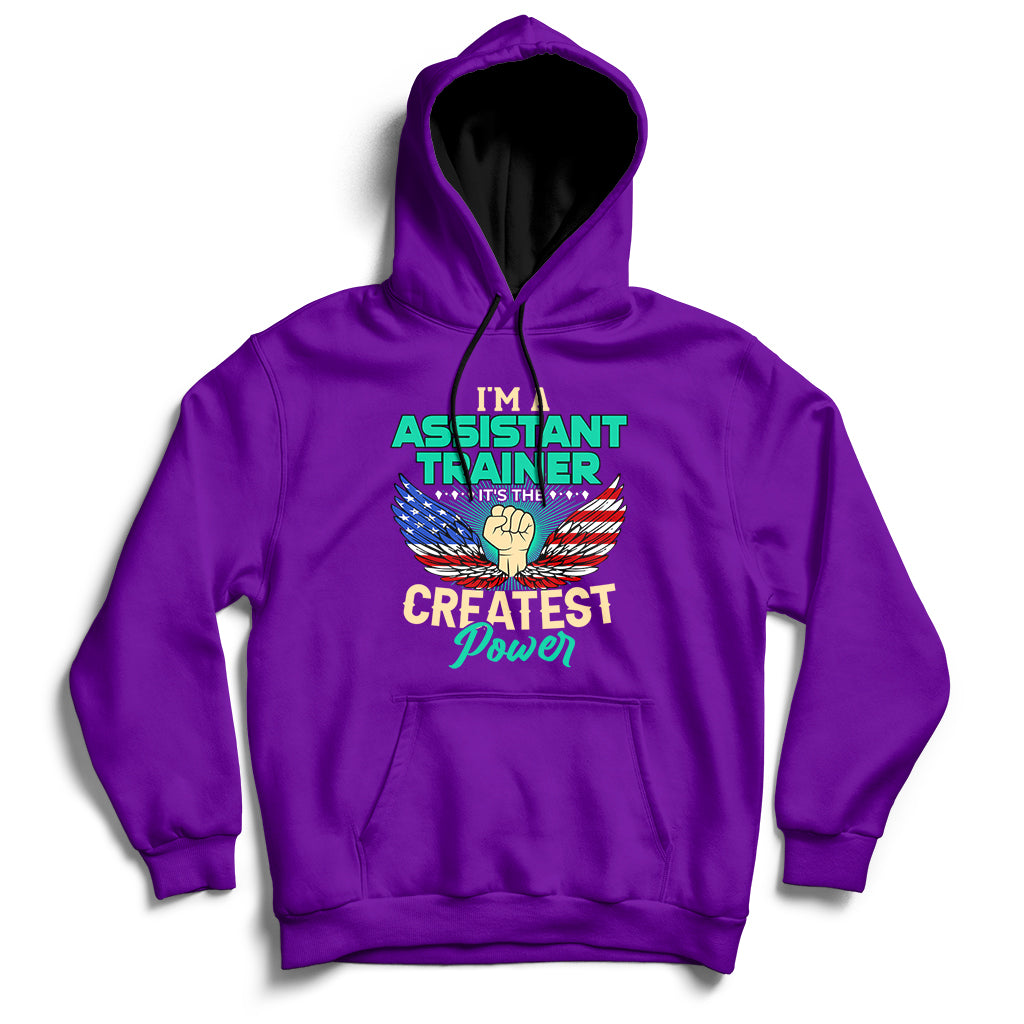 Purple pullover hoodie with front text graphic and kangaroo pocket, ribbed cuffs