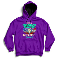 Purple pullover hoodie with front text graphic and kangaroo pocket, ribbed cuffs