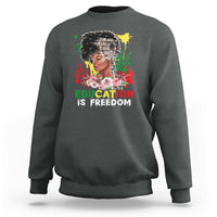 Adult crewneck sweatshirt, dark heather gray, front graphic with face and “Education is Freedom”.