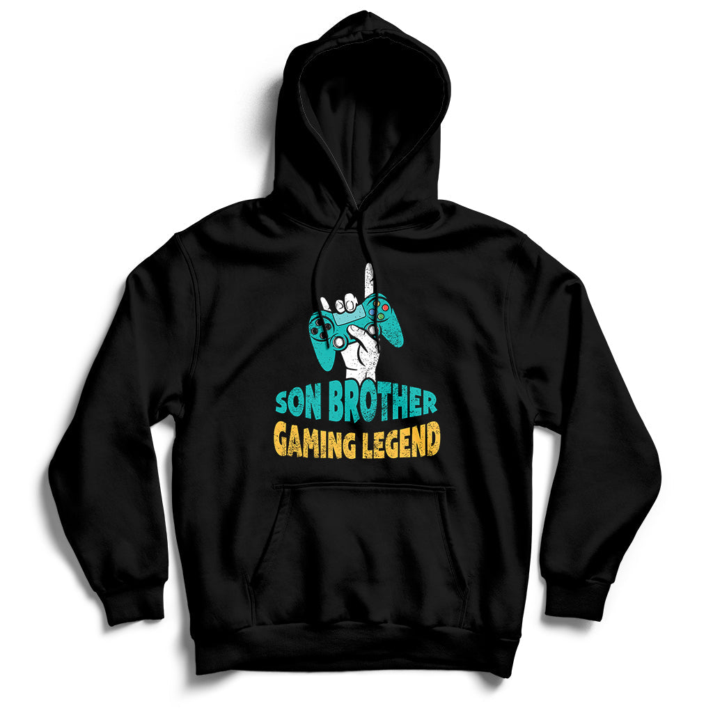 Black pullover hoodie with drawstring hood and 'GAMING LEGEND' front graphic.