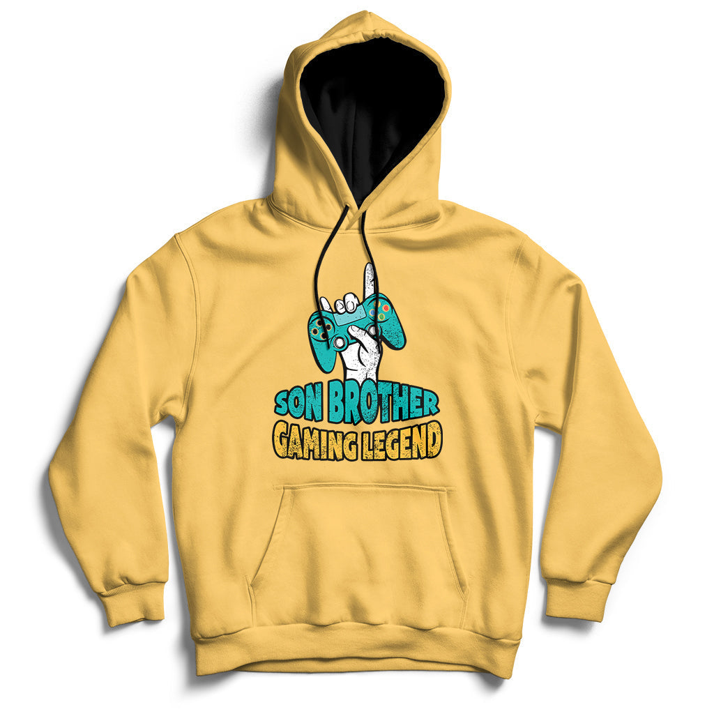 Yellow pullover hoodie with drawstring hood and 'GAMING LEGEND' front graphic.