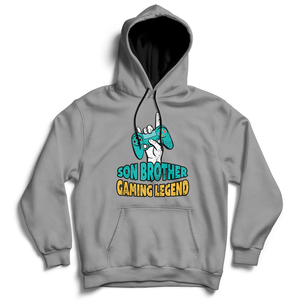 Gray pullover hoodie with drawstring hood and 'GAMING LEGEND' front graphic.