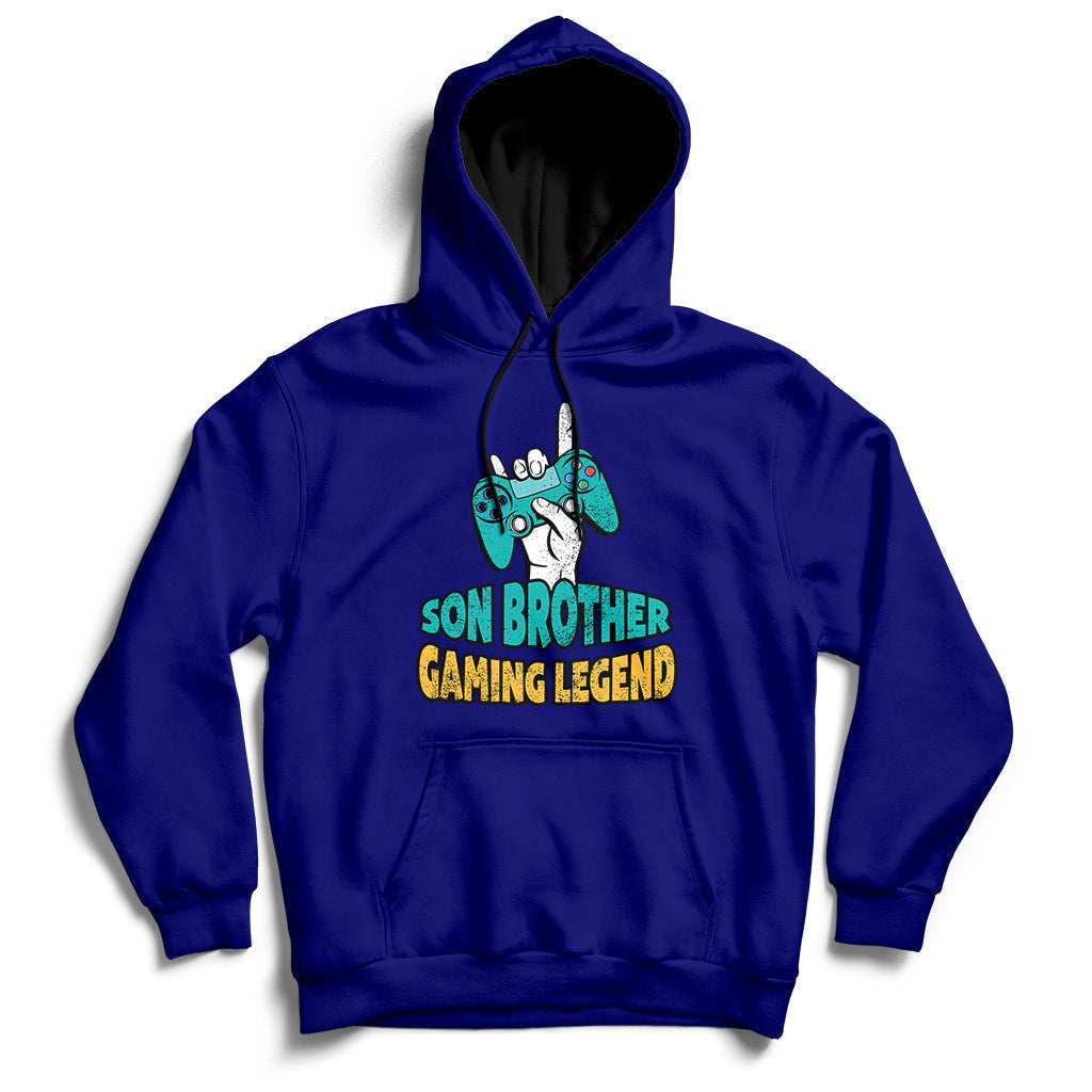 Dark blue pullover hoodie with drawstring hood and 'GAMING LEGEND' front graphic.