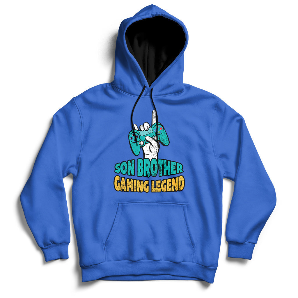 Blue pullover hoodie with drawstring hood and 'GAMING LEGEND' front graphic.