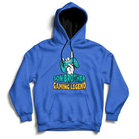 Blue pullover hoodie with drawstring hood and 'GAMING LEGEND' front graphic.