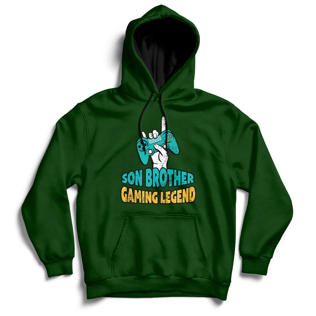 Forest green pullover hoodie with drawstring hood and 'GAMING LEGEND' front graphic.