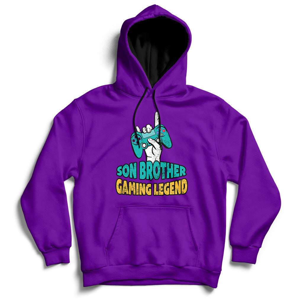 Purple pullover hoodie with drawstring hood and 'GAMING LEGEND' front graphic.